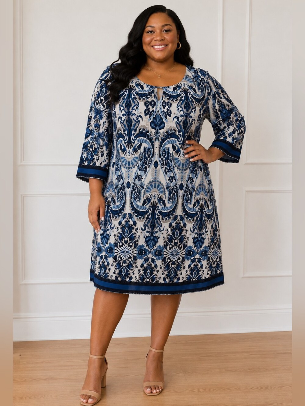 Blue Patterned Boho Scoop Neck Dress